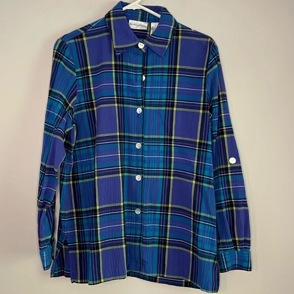 Drapers & Damons Blouse Size Medium Blue Plaid Long Sleeves - Picture 1 of 9
